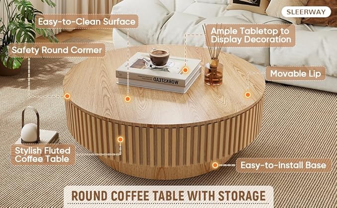 39.37'' Round Coffee Table with Storage, Modern Wooden Fluted Circle Coffee Table Oak Unique Drum Center Table Wood Circular Tea Table for Living Room, Office, Small Apartment, Natural Wood