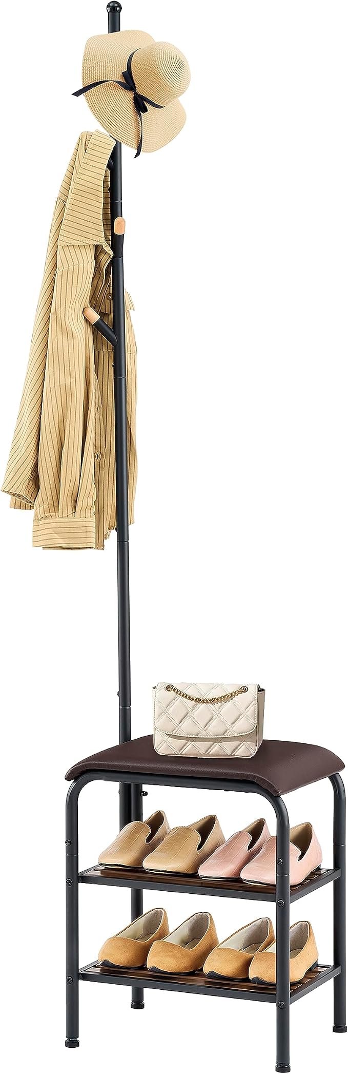 Gewudraw Coat Rack Stand Shoe Bench - 3 in 1 Coat Hall Tree with Shoe Storage With Benches Small Metal Shoes Shelf for Entryway Living Room Bedroom Hallway Mudroom by Gewudraw