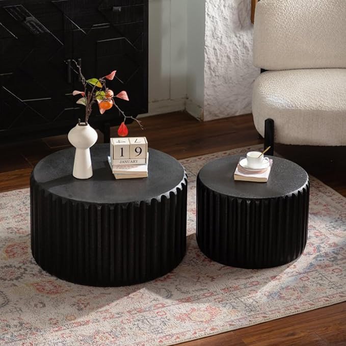 kevinplus 46.46'' White Round Coffee Table Set of 2, Modern Circle Fluted Drum Nesting Elegnant Coffee Table for Living Room, No Assembly, Black