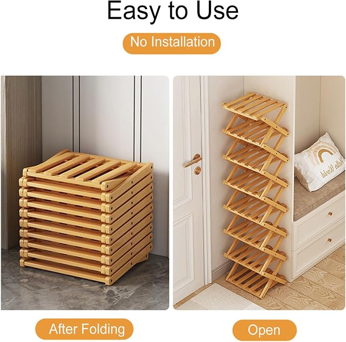 Narrow Shoe Rack - Shoe Storage Organiser- Vertical Bamboo Foldable Shoes Shelf for Entryway, Closet, Bedroom, Hallway ([Primary Color] 8 Layers) - Image 5