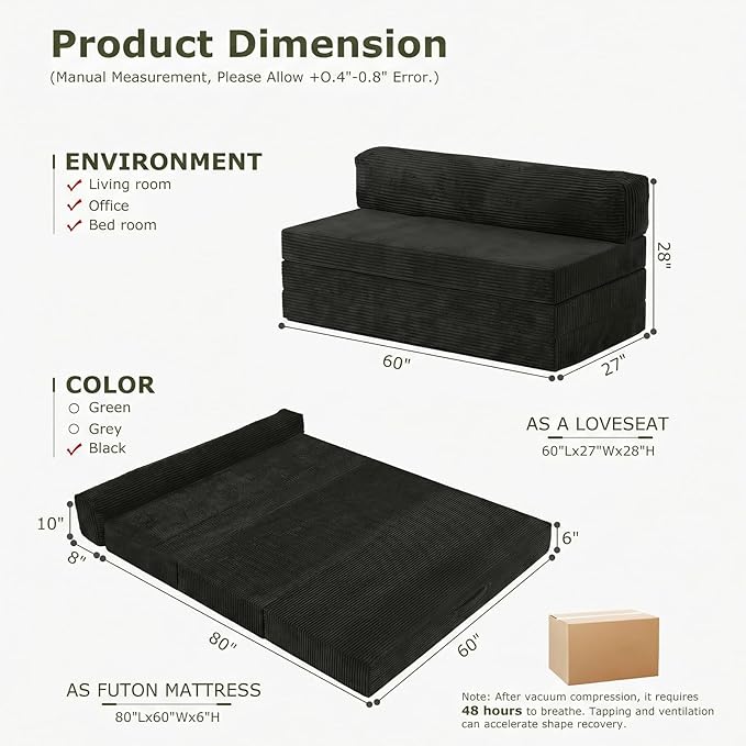 5-in-1 Convertible Sofa Bed, Boneless Loveseat Sleeper with Removable Cushions & Washable Cover, Futon Sofa Bed with Handle, Pull Out Couch for Small Spaces, Queen Size, Black