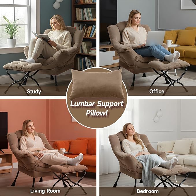 Lazy Chair with Ottoman, Modern Accent Chair with Lumbar Pillow, Velvet Khaki Sofa, Armchairs with Folding Footrest, Oversized Supportive Chairs for Bedroom, Reading