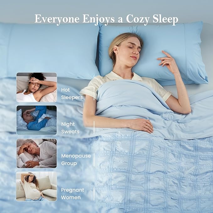 Cozy Bliss Cooling Comforter Seersucker Plaid Twin Size, Q-Max 0.45 Lightweight Cooling Blanket, Breathable Silk Smooth Summer Bedding Quilt for Hot Sleepers Night Sweats Blue