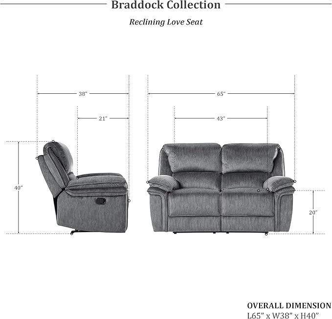 Lexicon Braddock Wall-Hugger Manual Reclining Living Room Set, 2-Piece, Gray