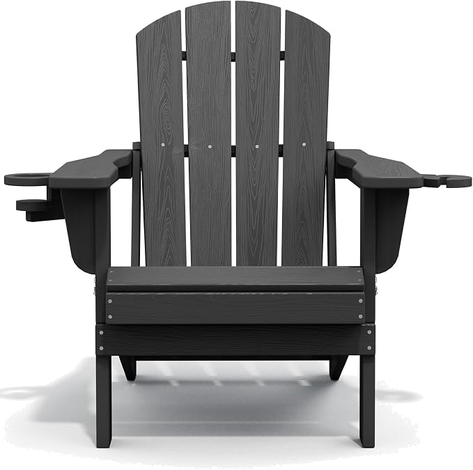 SERWALL Foldable Adirondack Chair Set of 2, HDPE Adirondack Chair with Wood-Texture-Gray - Image 11