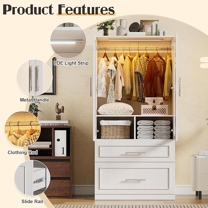 PAKASEPT Armoire Wardrobe Closet with Glass Door and Drawers, Bedroom Closet Wardrobe Cabinet with Hanging Rod, Lighted Freestanding Armoire Storage Cabinet for Bedroom Cloakroom White