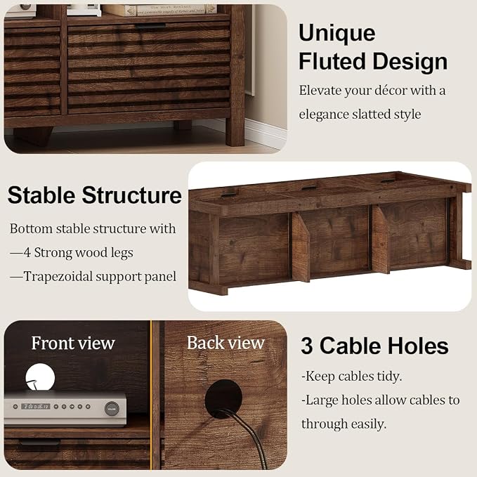 BON AUGURE TV Stand, Mid Century Modern Media Console for 65/55/50 Inch TVs, Wood Fluted Entertainment Center with Storage for Living Room, Bedroom (Rustic Oak) - Image 6