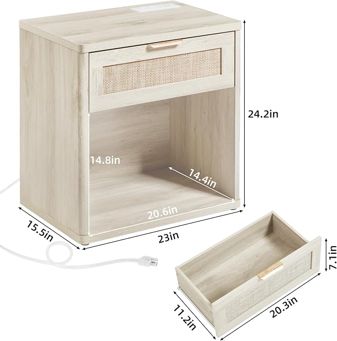 LEYAOYAO Rattan Nightstand with Charging Station, 23" Wide Boho Night Stand with Drawer, Grey White Bedside Table Open Storage Cabinet, Bed Side End Tables Dresser for Bedroom, Living Room, Hallway - Image 2