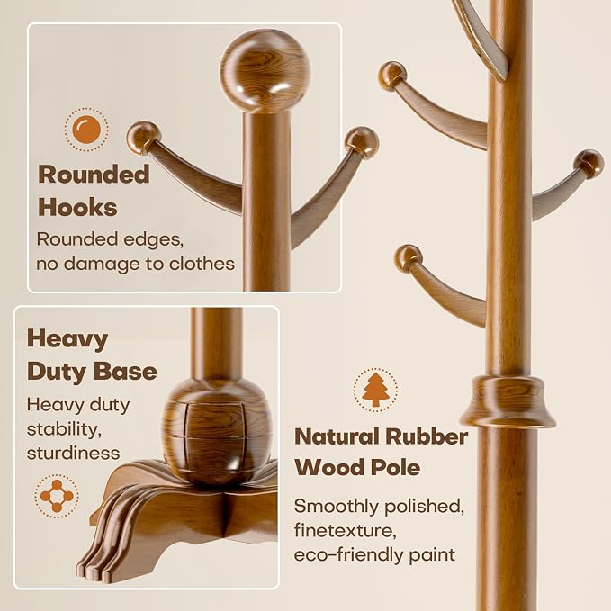 Hall Tree, Freestanding Wood Tree Rack with 7 Hooks, Coat Rack with Stable Sphere Base, Wooden Coat Rack Stand, Load 210 lb, Coat Hanger Stand for Entryway, Hallway, Bedroom (Natural) - Image 4