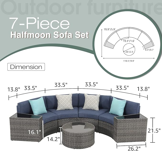 SUNSITT Outdoor Patio Furniture Sectional 7-Piece Half-Moon Curved Outdoor Sofa Set with Round Coffee Table, 4 Pillows & Waterproof Cover, Grey Rattan & Denim Blue Cushion