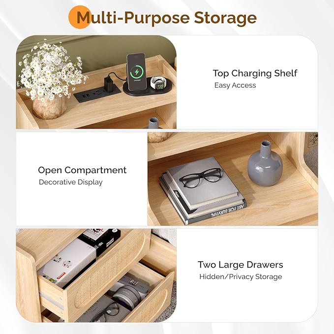 VINGLI Rattan Nightstand with Charging Station, Boho Nightstand with Drawers and Shelves, Wood Night Stand Bedroom, Real Rattan Bed Side Table/End Table，17.72" W*13.86" D*25.6" H - Image 4
