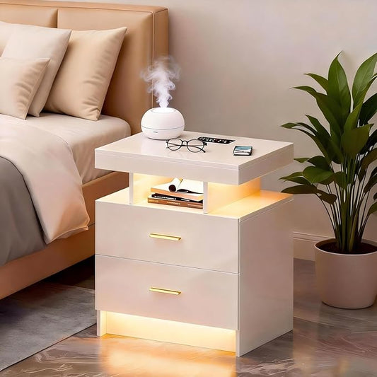 Smart Night Stand with Charging Station, Modern White Nightstand with 24 Color Lights and 2 Drawers, LED Bedside Tables with Auto Senor,High Gloss End Table for Bedroom by MDGC