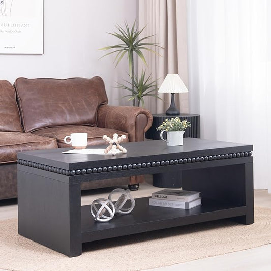 Rectangular Coffee Table with Real Wood Beads, Rustic Wooden Center Table with Open Storage Shelf, Farmhouse Tea Table for Living Room Apartment Office,47.6" L x 23.7" W x 18" H