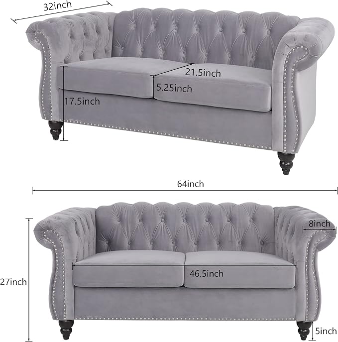 LEVNARY Velvet Sofa, Chesterfield Tufted Upholstered 2 Seater Couch, Modern Loveseat Couch Classic Furniture for Living Room Bedroom (Gray)
