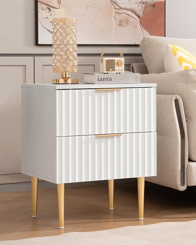 SICOTAS White Night Stand Set 2, Fluted Glossy Nightstand with 2 Drawers, Wide Modern Storage Bedside Table for Bedroom, End Side Table with Golden Metal Legs and Handles (White, 1 Piece) - Image 6