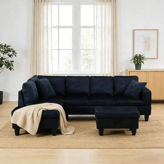 Microfiber Sectional Couch, L-Shape Sofa with Storage Ottoman, Modern 3-Piece Sofa Set for Living Room, Contemporary Upholstered Couch Set with Solid Wood Frame for Apartment, Midnight Blue