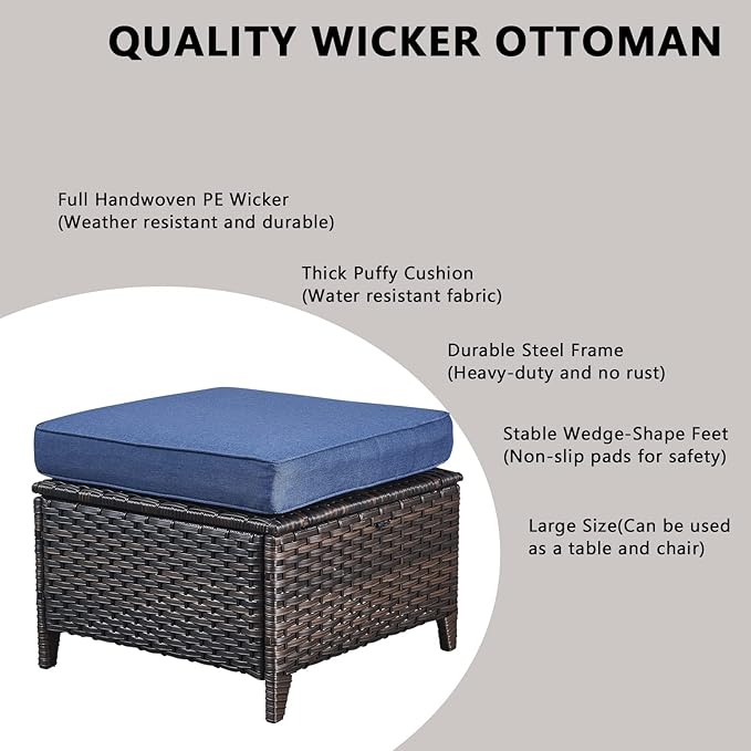 Rilyson Wicker Patio Furniture Set - 7 Piece Rattan Outdoor Sectional Conversation Sets with 2 Rocking Swivel Chairs,2 Ottomans,2 Sofa and 1 Coffee Table for Porch Deck Garden(Brown/Blue)
