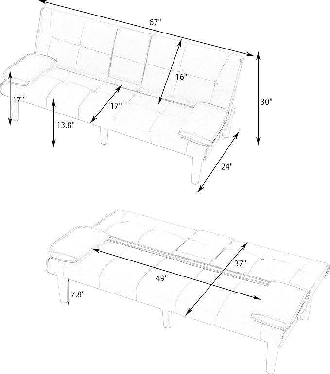 KEIKI 3 in 1 Convertible Sleeper Sofa Bed, PVC Loveseat with Cup Holder, Foldable Futon Sofa Bed for Living Room, Guest Room, Dorm, Black