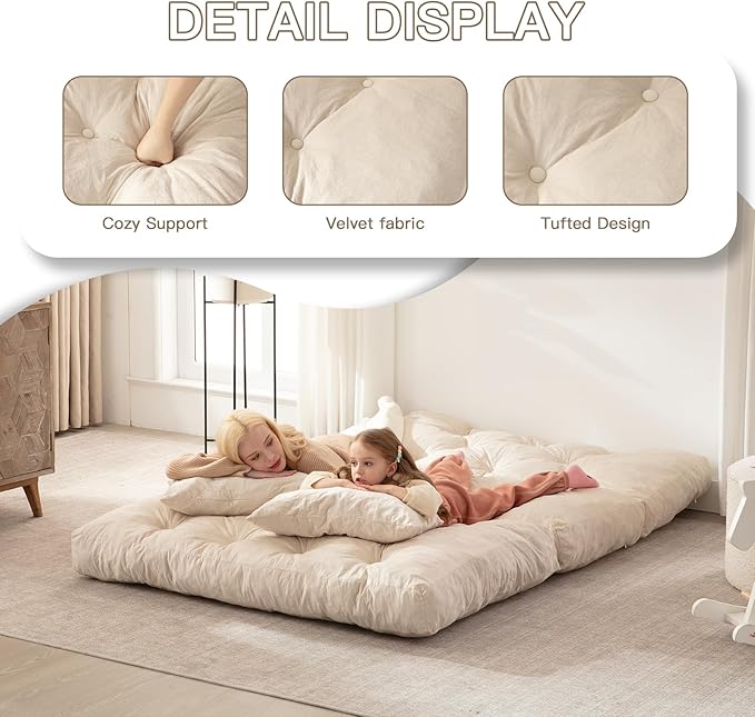 Folding Sofa Bed, Convertible Sleeper Chair with Pillow Foldable Mattress with Back Support, Portable Fold Out Chair Bed Comfy Floor Sofa Lounge for Living Room Bedroom, Beige Twin 80x39 Inch