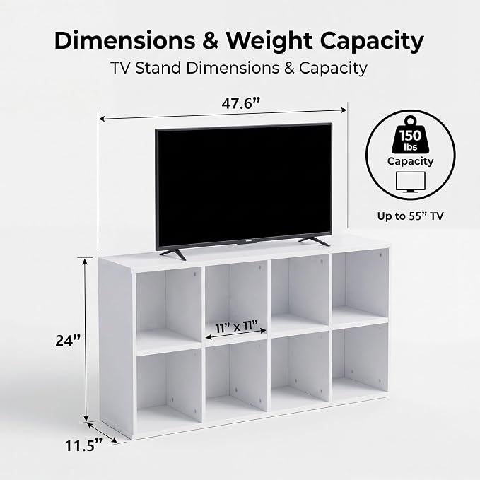 YESHOMY Modern TV Stand for Televisions up to 55 Inch, Mind Century Entertainment Center with 8 Open Shelves for 32/43/50/55 Inchs TVs, Media Furniture for Living Room, White - Image 2
