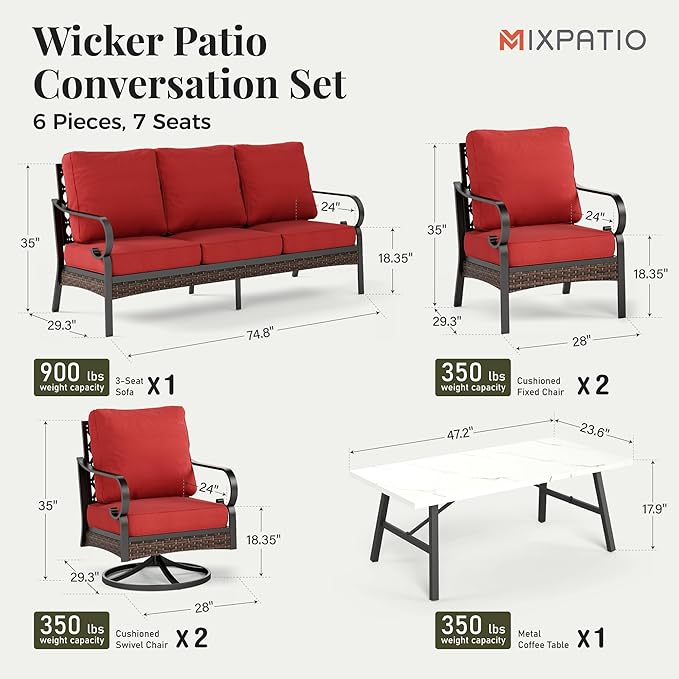 Patio Furniture Set with Coffee Table, Outdoor Conversation Set with 2 x Fixed Chairs, 2 x Swivel Chairs, 1 x 3-Seat Sofa for Lawn Garden Backyard, Red