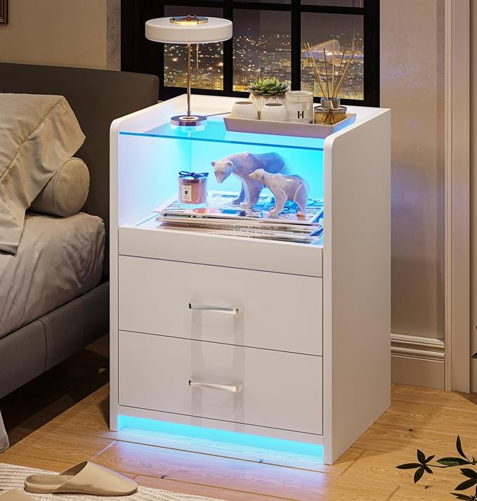 VIAGDO White Nightstand Set of 2 with Charging Station and LED Lights, 2 Drawers LED Night Stand with Tempered Glass Tabletop, Modern End Side Tables with Pull-Out Tray, Open Storage Bedside Tables - Image 2