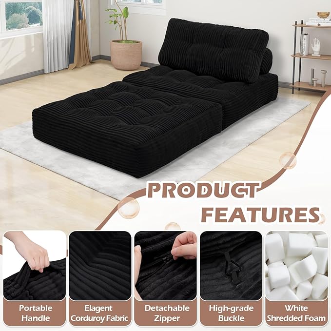 Folding Sofa Bed, Convertible Sleeper Chair with Pillow & Handle, Foldable Mattress Futon Chair Bed Lounge with Back Support, Comfy Floor Sofa for Living Room Bedroom, Black, Single