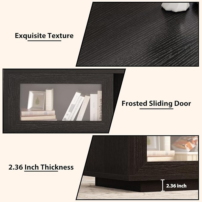 HSH Black Coffee Table, Modern Low Coffee Table for Living Room, Rectangle Coffee Tables with Sliding Door, Large Wood Center Tables with Storage Open Shelf, 47 Inch