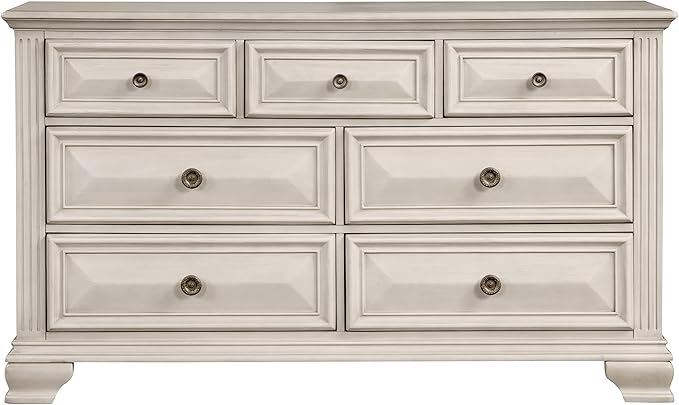 Roundhill Furniture Renova Distressed Parchment Wood Bedroom Set, Queen Panel Bed, Dresser, Mirror, Nightstand, Chest