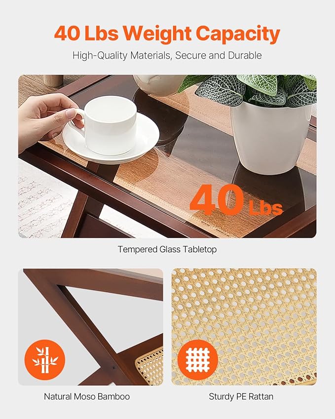 VEVOR Rattan Coffee Table, Z-Shaped Rattan Woven Bamboo Coffee Table with Tempered Glass Top, 20” Modern Boho Storage Table with Natural Bamboo Legs, for Living Room, Bedroom & Small Spaces