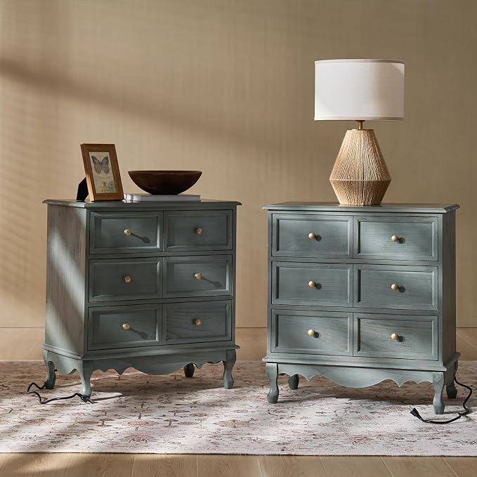 HULALA HOME 3-Drawer Nightstand with Charging Station, Farmhouse Solid Wood Nightstand Set of 2(Blue) by HULALAHOME