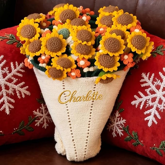 Personalized Handmade Crochet Rose Flower Blanket Bouquet – Custom Name Gift for Mother's Day, Valentine’s Day, Mom or Girlfriend（Sunflowers）