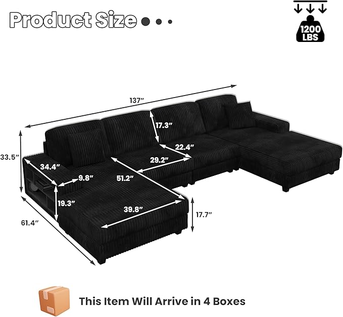 ERYE U-Shaped Modular Sectional Sofa Convertible Symmetrical Sofa Couch with Removable Chaise Lounges, U Shaped Double Chaises Sectional Couches with Storage Armrests