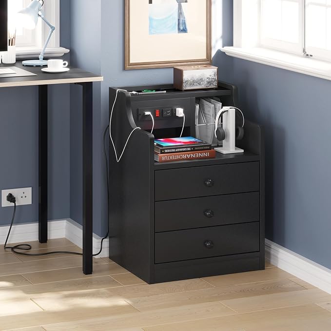 ADORNEVE Nightstand with Charging Station,Black Night Stand for Bedroom,End Table with Hutch & Storage Drawers - Image 5