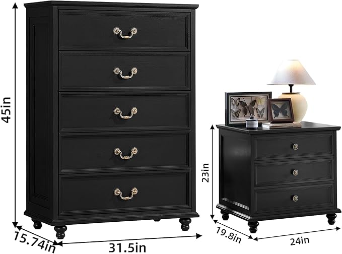 Joaxswe 24" Wide Farmhouse Nightstand Set of 2, 45" Tall Rustic Chests of 5 Drawers w/ 4 Solid Wood Feet, Farmhouse Furniture Series for Living Room,Bedroom,Black