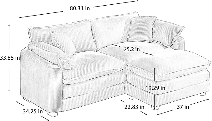 KEIKI 80" L-Shaped Oversized Corduroy Modular Sectional Loveseat Sofa with 1 Ottoman, High-Density Foam Cushions, Removable Armrests, Upholstered 2-Seater Couch with 4 Pillow, for Living Room, Grey