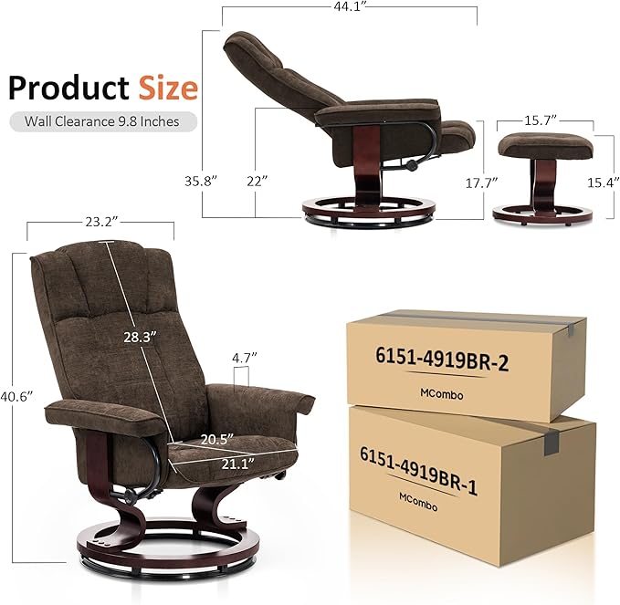 MCombo Manual Swivel Recliner with Ottoman, Chair Ottoman Set for RV Small Spaces, Living Room, Bedroom, Office 4919 (Chenille, Brown)