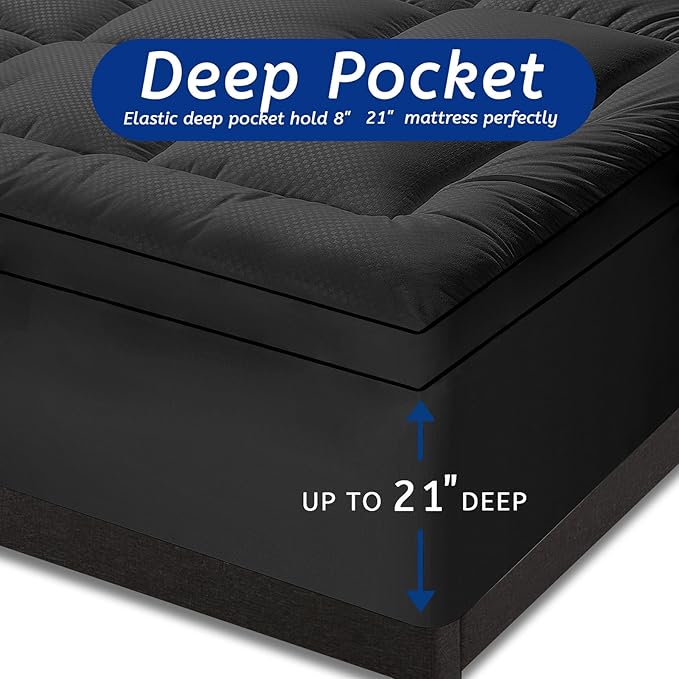 Queen Size Mattress Topper for Back Pain, Cooling Extra Thick Mattress Pad Cover with 8-21 inch Deep Pocket, Plush Pillow Top Mattress Topper Overfilled with Down Alternative, Queen Size, Black