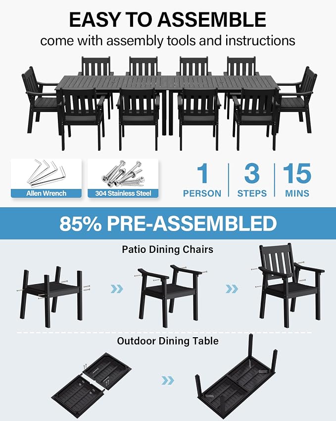 YEFU Outdoor Patio Dining Sets: Outdoor Furniture 12 Piece Dining Table Set for 10 with Umbrella Hole & Aluminum Frame - All Weather Patio 2 Table and 10 Chairs for Outside Backyard/Porch/Deck Black - Image 2