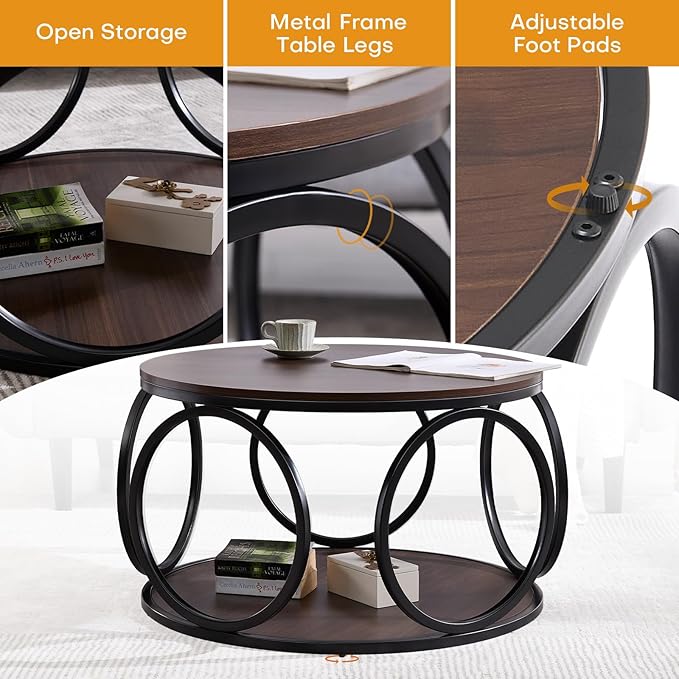 BECHAEO 31.5" Round Coffee Table with Storage, 2 Tier Vintage Coffee Table for Living Room, Industrial Design Wood Top & Metal Legs-Modern Accent Cocktail Tables for Home Office