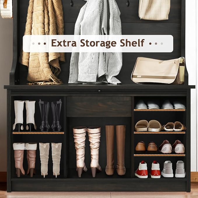 4ever2buy Farmhouse Hall Tree with Bench 5-in-1 Entryway Bench with Coat Rack with Sliding Barn Doors Entryway Coat Rack with Shoe Storage Dark Oak - Image 6