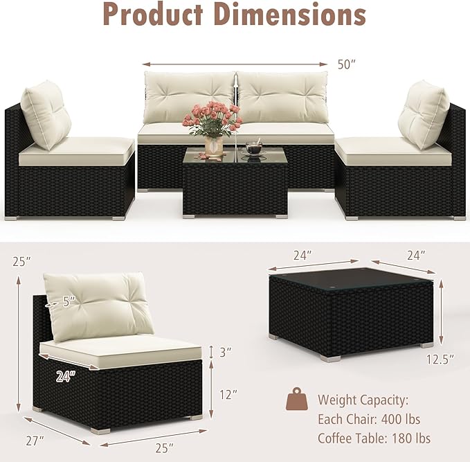 Tangkula 5 Piece Rattan Sofa Set, Patiojoy Outdoor Wicker Furniture Set with Seat & Back Cushions, Square Coffee Table, Patio Sectional Sofa Set for Backyard, Poolside, Garden