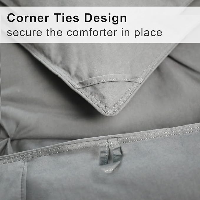 Pinch Pleat Goose Feather Microfiber Down Comforters Queen Size, Grey 100% Cotton Duvet Insert, Fluffy Medium Warmth Bedding Comforter with Corner Loops (Light Grey, 90 x 90 Inch)