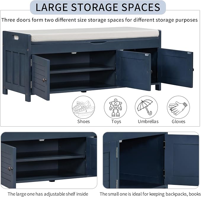 SOFTSEA Upholstered Storage Bench, Entryway Shoe Bench with Removable Cushion and Hidden Storage, Wooden Storage Ottoman with 3 Shutter-Shaped Doors for Entryway, Living Room, Bedroom, Blue - Image 6