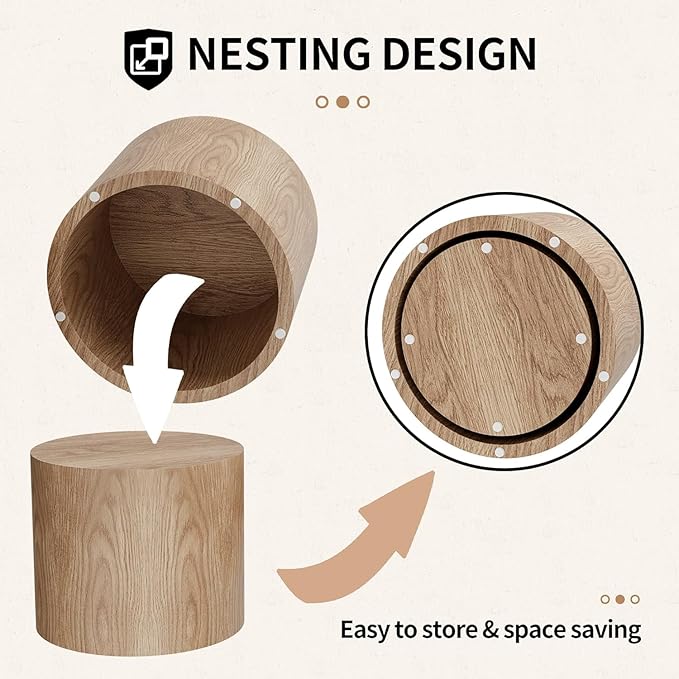 Small Round Coffee Table Nesting End Table Set of 2, Wood Side Circle Accent Tables for Small Spaces Living Room Bedroom Balcony Office, Oak