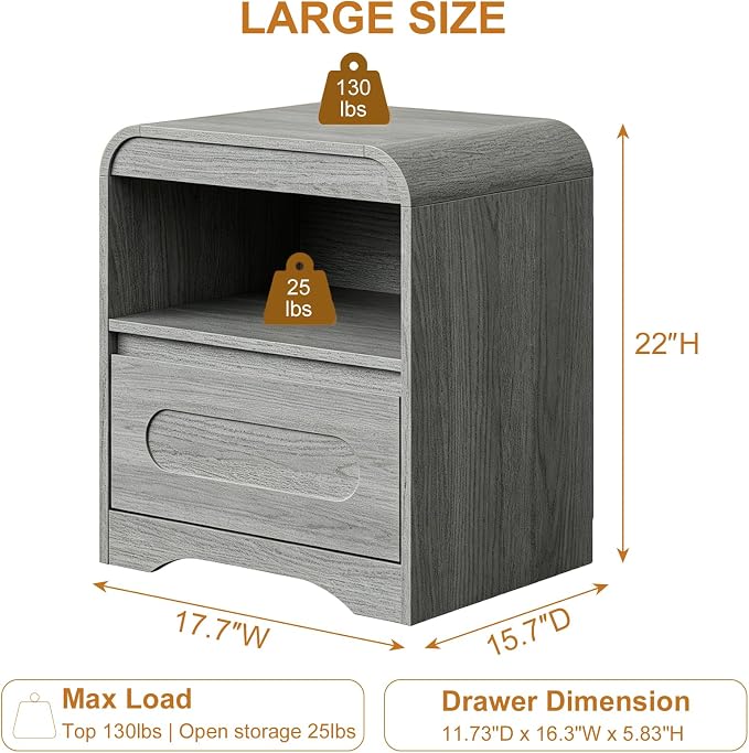 Night Stand with Drawers, Wood Nightstand, Bedside Side Table with Open Storage, Curved Corners, Hidden Handle, Modern Night Stands End Table for Bedroom Sofa Couch Office (Grey) - Image 2