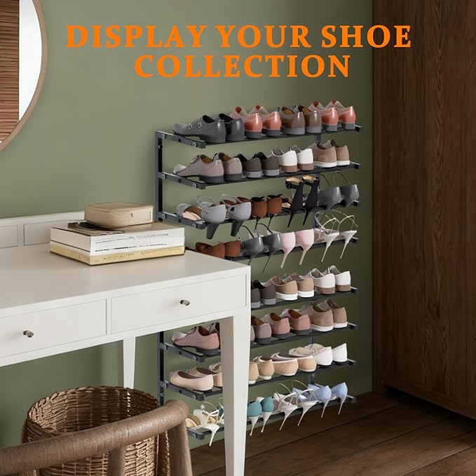 2 Pack Wall Mounted Shoe Rack, 4 Tier Hanging Shoe Rack Holds 32 Pairs, 17"-30"Adjustable Heavy Duty Wall Shoe Shelf with 4 Storage Hooks, Space Saving for Closet Entryway, Black, Patent Pending - Image 7