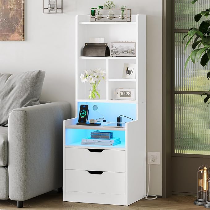 ADORNEVE Tall Nightstand Set of 2,LED Night Stand with Charging Station,Bedside Table with Bookshelf and Drawers,White Side Tables Bedroom,13.8" D x 17.7" W x 50" H - Image 6