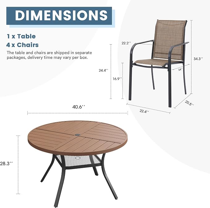 DIFY Patio Dining Set for 4, 5 Piece Outdoor Table and Chairs Set, 40.6" Walnut Round Metal Patio Dining Table and 4 Brown Textilene Stackable Patio Chairs, for Backyard Garden Poolside - Image 8