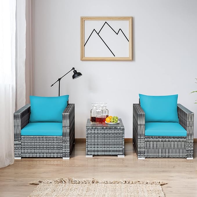 Tangkula 3 Pieces Patio Furniture Set, PE Rattan Wicker Sofa Set w/Washable Cushion and Tempered Glass Tabletop, Outdoor Conversation Furniture for Garden Poolside Backyard